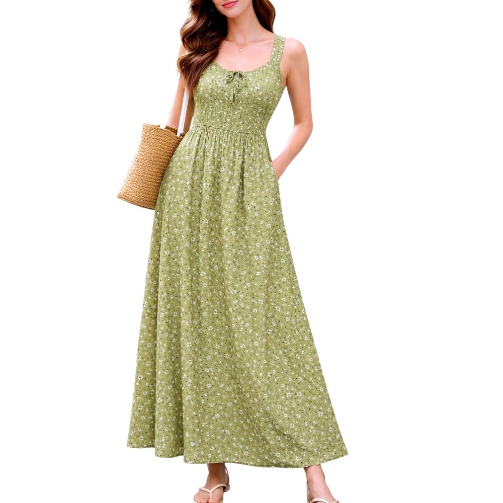 Staccato Boho Sage‎ Green Ditsy Floral Smocked Maxi Dress Sleeveless  Large